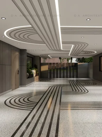This 3D render showcases a continuous inlay design that flows from the terrazzo floor to the ceiling. The integrated lighting within the ceiling grooves highlights the pattern, creating a dramatic and cohesive entryway that guides you into the space.
