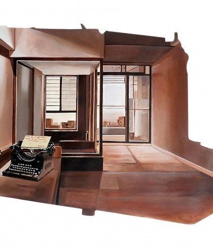 Inspired by the geometry of Delhi's architecture, this piece by Bharti Verma deconstructs a room, leaving a typewriter as the focal point. Her art reflects on memory, space, and the urban environment.