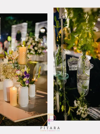 A collage showcasing the details of the wire mesh wedding, from the candle-lit tables to the floral lamps.