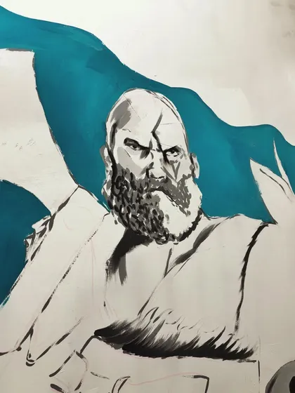 The initial painting of Kratos from "God of War." Even in the early stages, the focus is on capturing his intense expression and iconic features with strong brushwork.