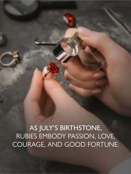 As July's birthstone, rubies embody passion, love, courage, and good fortune. Here, an artisan inspects a ruby ring, ensuring it is perfect for its wearer.