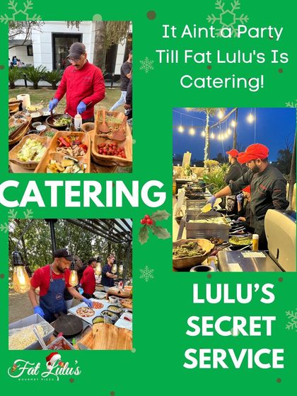 It ain't a party till Fat Lulu's is catering. This collage captures the energy of our 'Secret Service' at various events, from outdoor gatherings to festive evening parties.