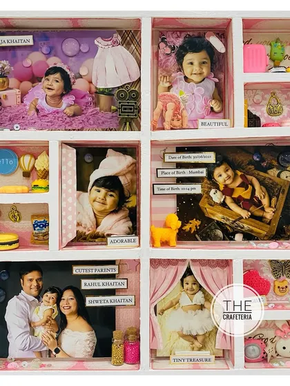 A frame celebrating the arrival of a little princess. This beautiful keepsake holds photos from her first year, her birth details, and adorable miniature motifs.