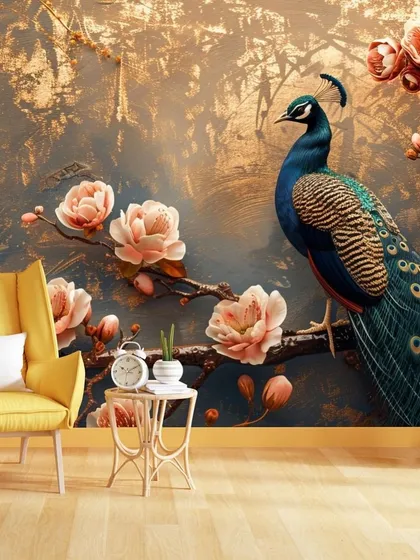 This beautiful wallpaper features a peacock perched on a branch with soft pink flowers against a textured, golden-hour background.