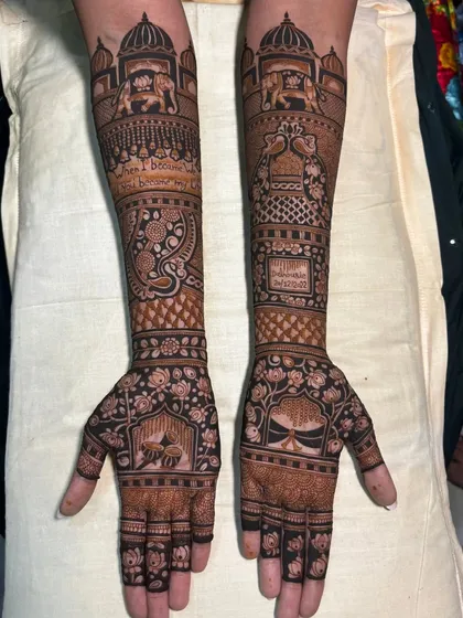 This design showcases a mix of popular traditional motifs. You can see elephants, lotuses, and a space for a mantra or quote, all tied together with classic floral and geometric patterns.