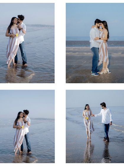 Four candid moments from a beach photoshoot, showing natural interactions like gentle kisses and shared laughter while walking in the surf.