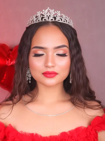 A Valentine's special look, from the contour and highlight process to the final result. This princess-inspired look features a classic red lip, a sparkling tiara, and soft waves.