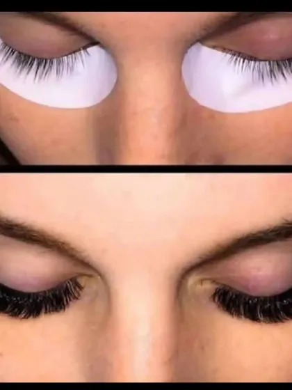 The ultimate before and after. This image shows how we can transform natural lashes into a full, dark, and perfectly shaped set of volume extensions, instantly enhancing the eyes.