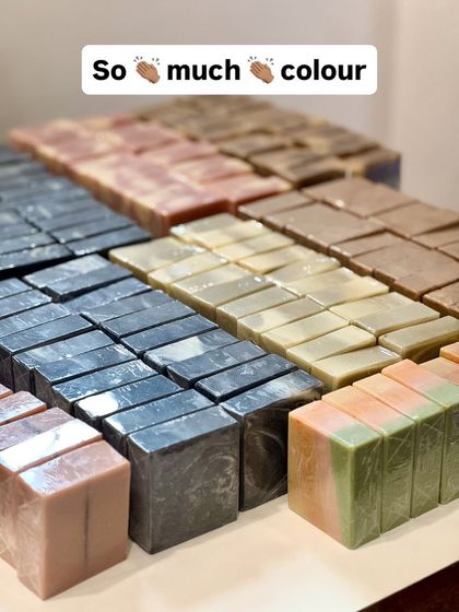 So much color in the studio! These stacks of freshly cured soaps showcase the beautiful, natural hues we achieve using clays and botanical powders.