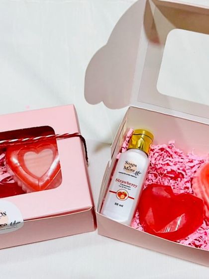 A lovely Valentine's gift set for your special someone. These boxes feature my handmade heart-shaped soaps and a mini bottle of moisturizing body lotion for a pampering treat.