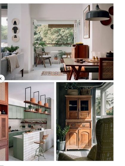 A collage from the Architecture+Design feature, showcasing different areas of the apartment, including the open dining area, the kitchen, and curated vintage furniture pieces.