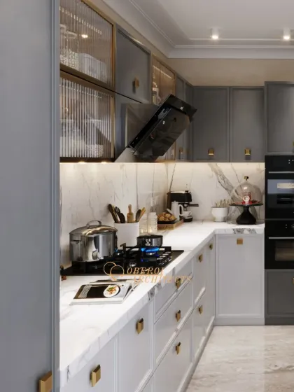 This angle highlights the fluted glass overhead cabinets and under-cabinet lighting, which add texture and provide beautiful ambient light.