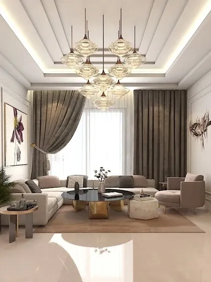 A 3D render of a grand living room design. I planned this space with a large L-shaped sofa, a stunning cluster chandelier, and elegant curtains to create a feeling of pure luxury.