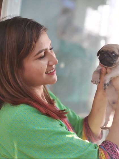 A beautiful moment captured with a new owner and her fawn-colored Pug puppy. Our Pugs are bred to be healthy, with the classic wrinkled face that everyone loves.