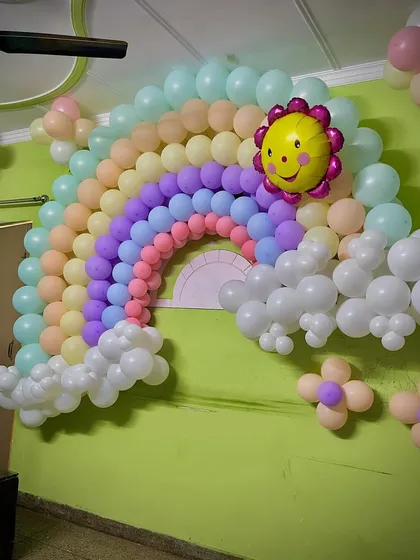 Another view of the rainbow and sun-themed decoration.