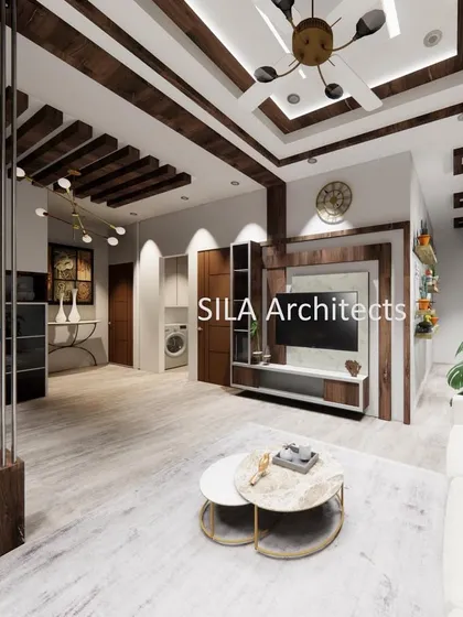A wider angle of the designer home concept, illustrating the open layout that connects the living room, dining area, and entryway, all unified by a sophisticated color and material palette.