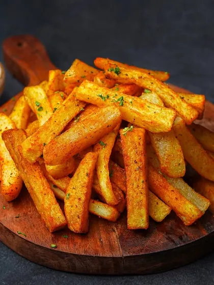 A pile of crispy, seasoned peri-peri fries on a round wooden board with a side of cheesy dip. The dark background and focused lighting make this classic snack look exceptionally tempting.
