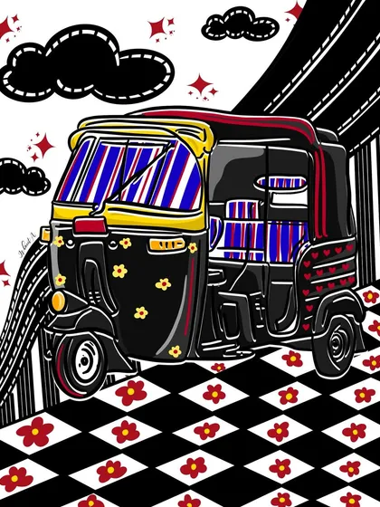 Nothing says Mumbai like an auto-rickshaw ride, and I had so much fun illustrating this one. The mix of bold patterns, bright colors, and playful flower details is central to my art. It’s this joyful energy I pour into creating quirky and memorable digital invites.