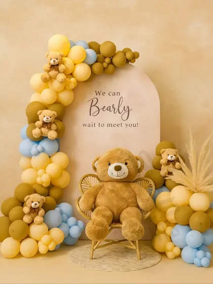 We can 'bearly' wait to celebrate with you. This adorable teddy bear theme is one of our most requested baby shower setups, featuring a custom arch, soft pastel balloons, and a cuddly teddy bear ready to welcome your little one.