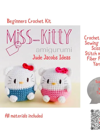 This is my Miss-Kitty amigurumi kit, perfect for your first project! It shows the adorable plushies you can make and lists all the materials I include, from the yarn to the crochet needle. I even added a QR code that takes you straight to a video tutorial.