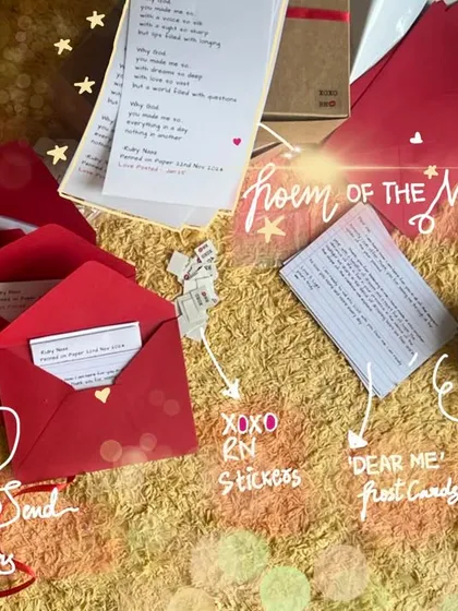 Here is a peek at the treasures you can expect in a monthly letter. Each package includes the Poem of the Month, 'Dear Me' affirmation cards for moments of reflection, and little surprises like my signature XOXO RN stickers. It's a curated box of feelings, ready to be unboxed.