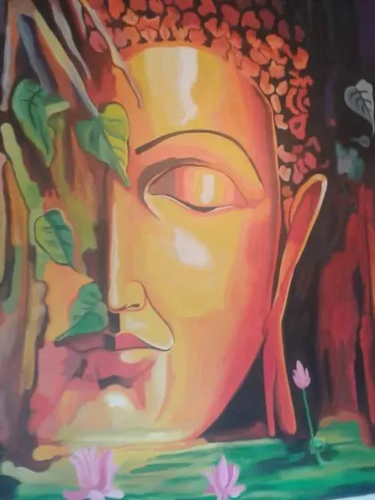 A detailed and artistic custom mural of Buddha, hand-painted in warm, serene tones to create a peaceful and spiritual focal point in the home.
