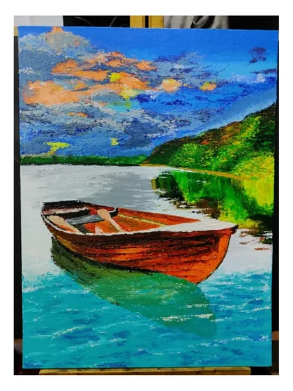 A serene landscape painting of a lone boat, created using a palette knife and acrylics on canvas. I love using thick textures to give the water and sky a sense of movement and depth, making it a piece you can almost feel.