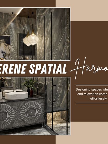 This graphic highlights my goal of creating serene spatial harmony. The bathroom design shown combines a carved vanity with dark, dramatic marble walls, designing a space where luxury and relaxation come together effortlessly.