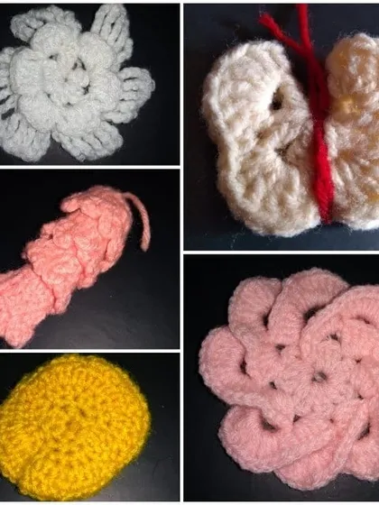 This collage displays a variety of small, creative crochet motifs. You can see a flower, a butterfly, a textured circle, and other fun shapes that you'll learn to make in my classes.