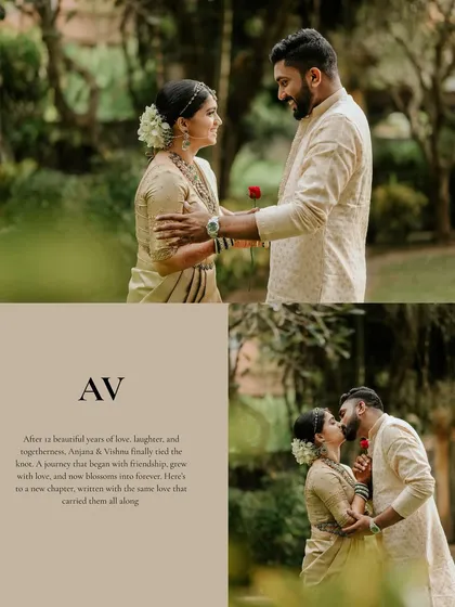 A romantic collage telling the story of the couple's love, featuring a tender kiss and a shared moment with a single red rose.