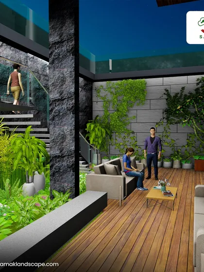 A design for a multi-level indoor-outdoor courtyard. The space combines a wooden deck for seating with lush, dense plantings and a staircase, showing how we can create green, functional spaces even in enclosed or narrow areas.