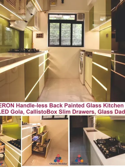 Our handle-less kitchens combine sleek design with smart ergonomics. This collage shows a parallel kitchen with back-painted glass fronts, LED Gola profile lighting, and the highly functional CallistoBox slim drawers that make accessing items at the back effortless.