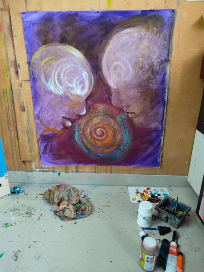 A free flowing painting in progress on a large piece of linen. I'm finding my way through this piece, and it might look completely different when it's finished.