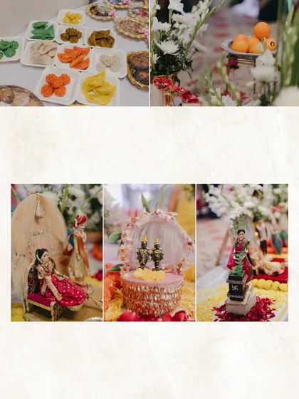 A collage showcasing the details of a baby shower celebration we worked on, including food arrangements and various scenes from the doll *rukhwat*.
