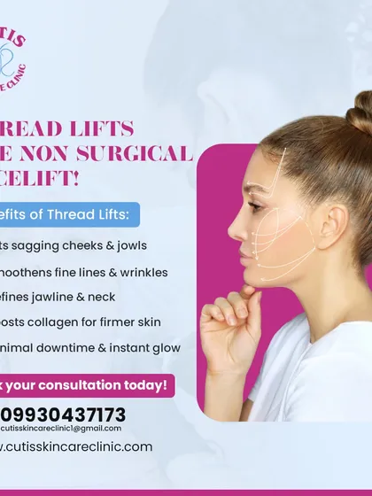 An overview of our Thread Lift procedure, a non-surgical facelift option. This graphic highlights key benefits such as lifting sagging cheeks, defining the jawline, and boosting collagen with minimal downtime.