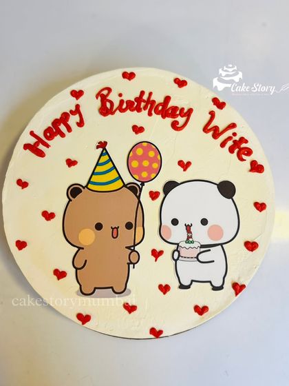 A cute hand-painted cake for a wife's birthday. This design features the adorable 'Bubu and Dudu' bears, perfect for expressing your love.