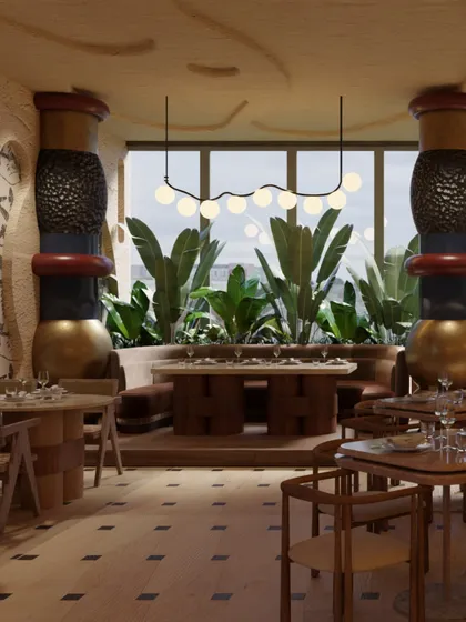 The monumental columns at Skyro are a key design element, symbolizing the interaction between humanity and the jungle. Their sculptural, multi-textured forms anchor the space and add a sense of grandeur.
