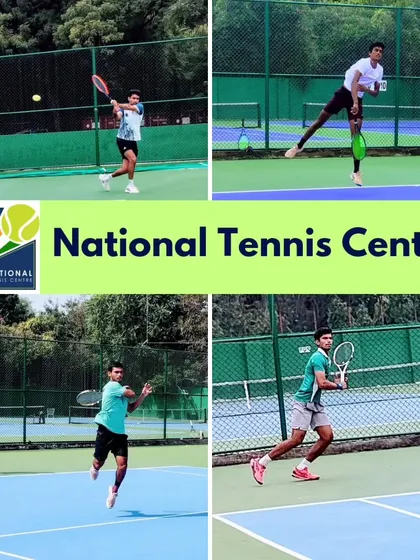 Our players in action. This graphic showcases four of our athletes during intense practice, demonstrating the powerful footwork and stroke production we develop at the academy.