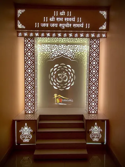 A beautifully crafted pooja unit designed to be a serene focal point. The design incorporates intricate CNC cutting, backlighting, and traditional motifs like the 'Om' symbol, all built in-house at my workshop.