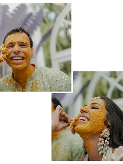 A collage of the bride and groom enjoying their Haldi ceremony, their faces beaming with joy and covered in turmeric.