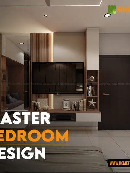 A closer look at the master bedroom design from the previous image. The combination of wood textures, a mirrored panel, and integrated lighting creates a functional and aesthetically pleasing TV and storage unit.