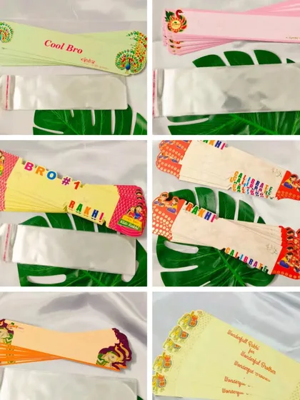 This collage shows the wide variety of Rakhi packing cards we offer. From traditional to modern designs, we have the perfect packaging to complement your handmade Rakhis.