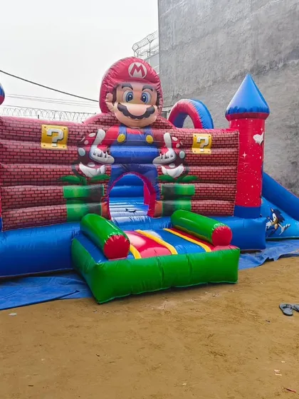 We can create bouncies with any character theme, like this popular Super Mario bounce house. This design features a jumping area and a side slide, perfect for themed birthday parties.