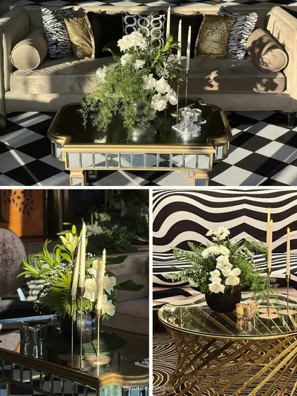 Details from the monochrome cocktail night, including mirrored tables, zebra-print cushions, and simple yet elegant centerpieces of white flowers and candles.