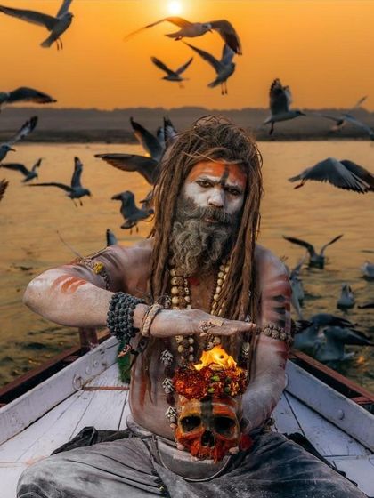 An Aghori sadhu sits on a boat, holding a decorated skull with a flame, surrounded by birds at sunset. This is a powerful and symbolic portrait of the Aghori path.