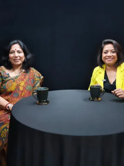 Behind the scenes, recording a podcast with the insightful Faye D'Souza.
