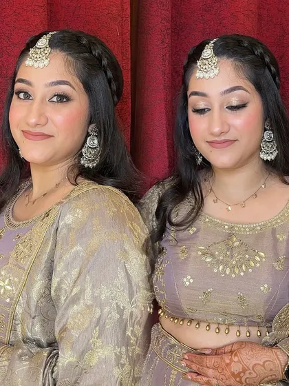 The 'dulhan ki behen' deserves to look just as special. I created this soft, ethereal look with matching makeup for these two sisters, focusing on glowing skin and pretty, defined eyes.