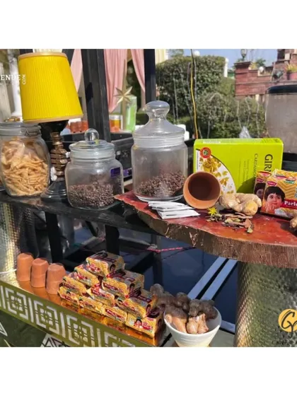 My rustic tea corner, complete with cutting chai glasses, ginger, and jars of biscuits including the classic Parle-G. It's a corner full of nostalgia.