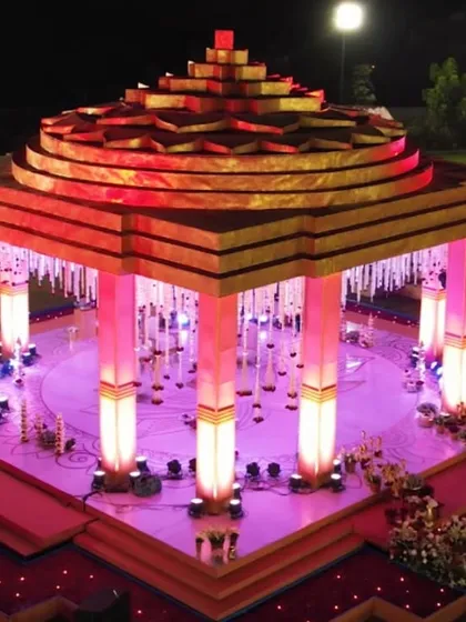 We design weddings with deep, meaningful concepts. This is our 'Shri Yantra' phera mandap, a space designed to channel positive energy and cosmic harmony, reflecting the sacred union of marriage.