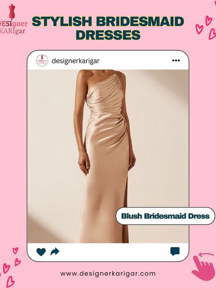 This blush satin bridesmaid dress is the definition of modern elegance. The one-shoulder design and draped silhouette can be tailored to flatter every member of your bridal party.